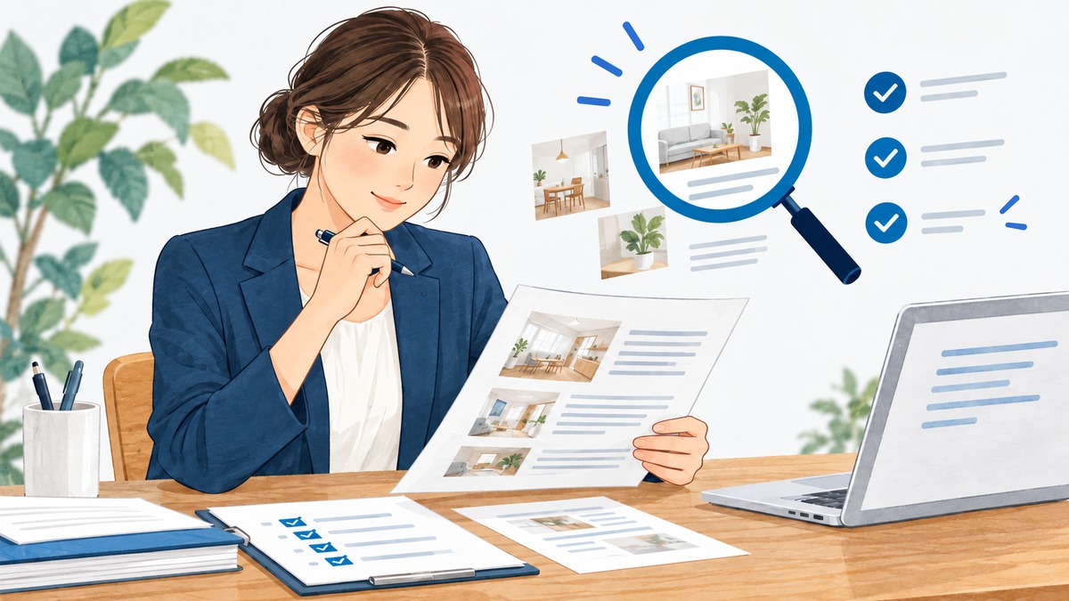 担当者が施工事例の紹介文と写真を照合し、公開前の確認をするイメージ