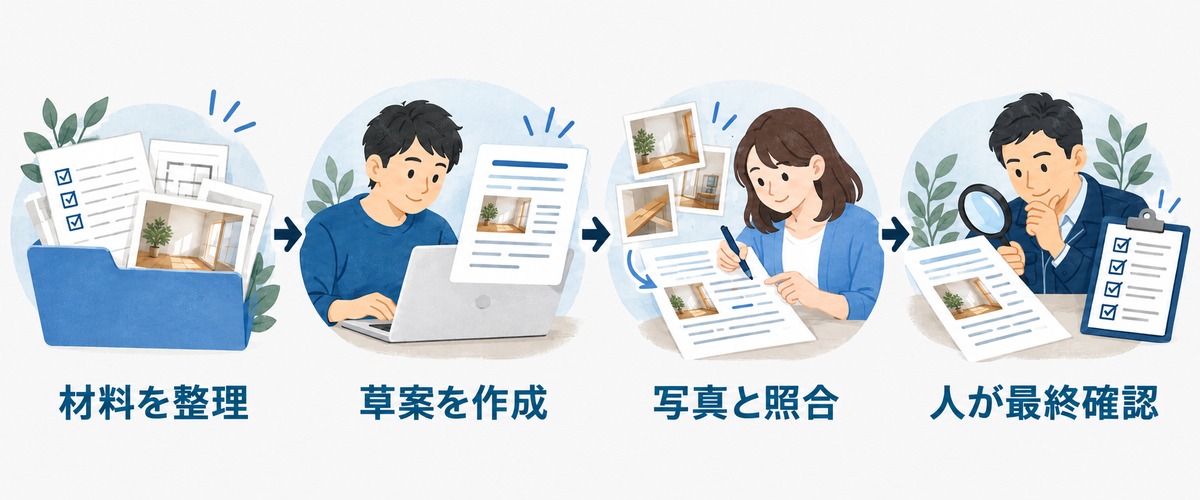 施工事例紹介文を作る4段階：材料を整理、草案を作成、写真と照合、人が最終確認